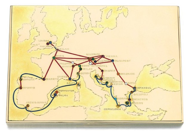 For Christmas 1935, Mrs Simpson gave the then Prince of Wales this gold Cartier cigarette case, decorated with a map of their travels around Europe. Each of their holiday stops was marked with a precious stone. Her journey this time was to be almost as convoluted. The box recently sold at Sotheby’s for £181,250.