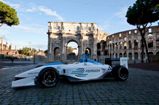 The Formula E racing car at the launch of the Rome race, coming in 2014.