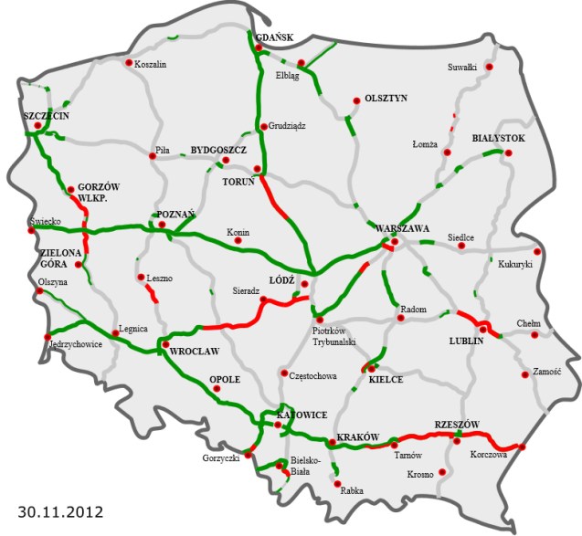Poland: green roads complete; red under construction and grey planned.