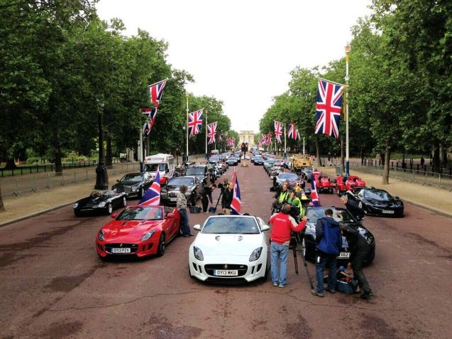 Top Gear was out and about on the Mall, London, yesterday for what they describe as its most ambitious shoot ever... in addition to the red, white and blue (black?) Jaguar F-TYPES was a McLaren P1 hypercar (see right). The new series begins on Sunday, June 30th at 8pm, BBC Two.