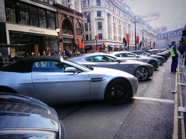 The Regent Street Motor Show. Over 300 cars from the past 125 years of motoring took over one of London's most famous shopping street yesterday, from Oxford Circus to Piccadilly Circus. Porsche put on an apparently disappointing display of 911s to mark its 50 years. Altogether more impressive, according to reports, was the run of Aston Martins, there to celebrate the manufacturers' centenary. Many of the older cars take part in today's London to Brighton Veteran Car Run. Photo via @AstonMartin.