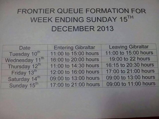 GIBRALTAR. The Guardia Civil deny that an English translation of the rota for border guards circulating on social media is genuine, but according to www.GBC.gi it bears a remarkable resemblance to the actual shifts worked this week ending 15 December. Spain has always maintained that the ongoing and extremely lengthy ‘enhanced’ checks at the Gibraltar frontier are random and sporadic. Meanwhile, there is reportedly strife between local Guardia Civil officers and their ‘heavy handed’ colleagues drafted in from nearby Algeciras.