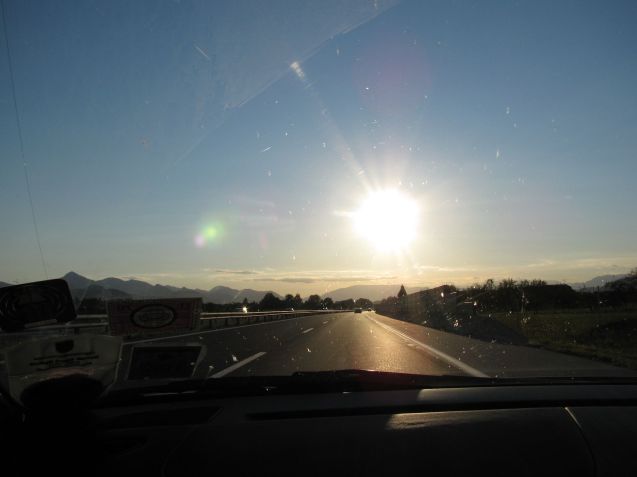 With absolute confidence we can say Slovenia is stunningly beautiful because this A1 motorway we’re on goes from one end of the country to the other. It’s 300km of almost unbroken mountain views on smooth, winding, wide road with hardly any other traffic. Struggling to think of how it could possibly have been any better. Note our burgeoning collection of vignette stickers on the lower left windscreen.