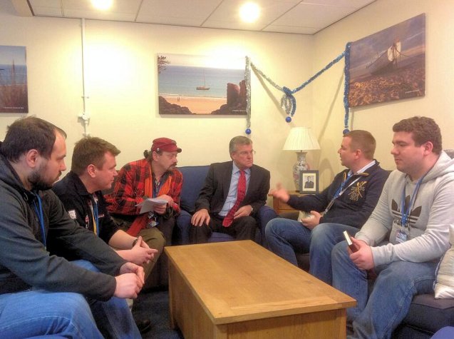 British Ambassador to Ukraine Simon Smith, centre right, meets with members of Ukraine's Automaidan yesterday.