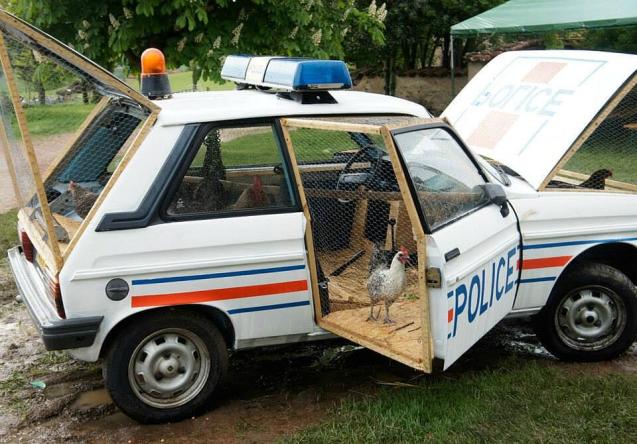 La voiture de police poulailleri: artist Benedetto Bufalino transformed this former police car from the Loire into a hen coop, the aim being to bridge the gap between functional objects and sculpture.