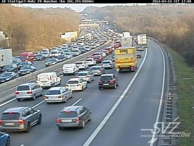 Rush hour traffic this afternoon on the A8 Munich-Stuttgart.