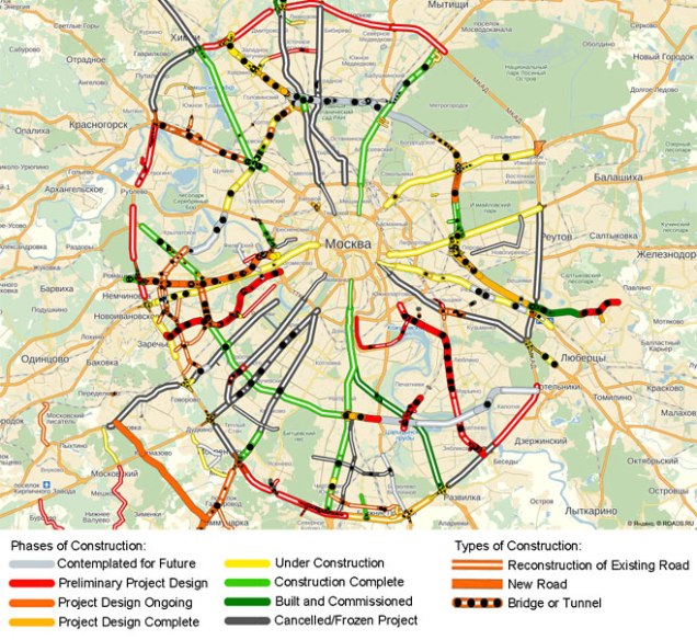 Finally, what we've all been waiting for, a map of the on-going and planned road building in the Russian capital. Thanks to a private group of researchers and www.TheMoscowTimes.com More later.