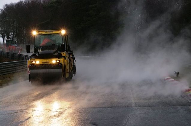 Hot lap Nurburgring: laying a new surface at the Green Hell Nordschleife ahead of it reopening to tourist drives on 16 March. Photo via @nuerburgring_de. Also see www.nuerburgring.de