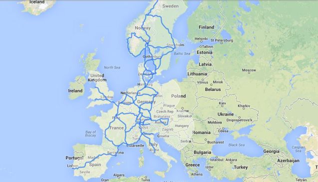 The coverage of tesla Supercharger stations by the end of 2014.