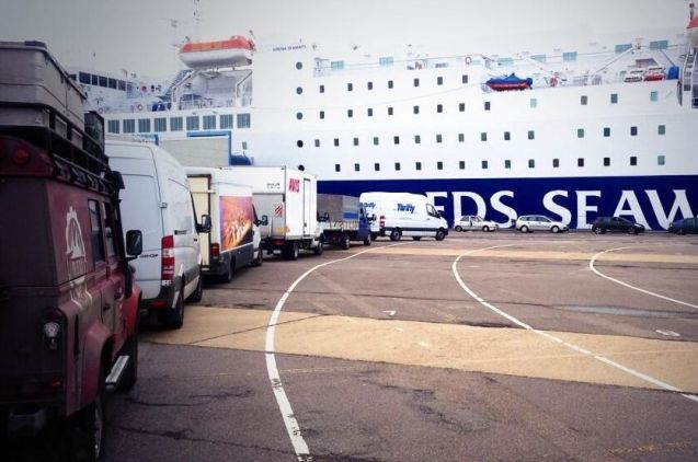 They're Back: the @PoleofCold Land Rover queuing for the DFDS Esbjerg-Harwich boat in Denmark yesterday.