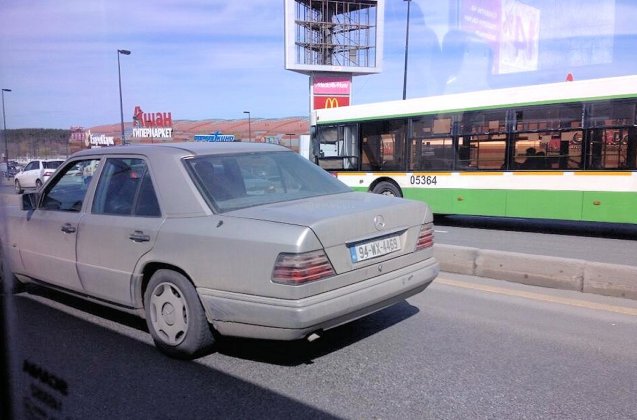 Moscow: 'Irish-registered Merc on Rublovskoye Shosse. Not often you see that. Two men in black leather jackets driving,' says @BBCDanielS, Daniel Sandford.