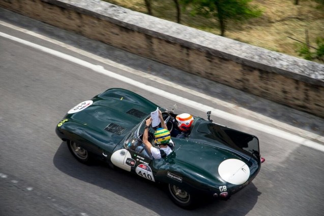 Mille Miglia 2014: Jaguar team mates @MBrundleF1 and @BSenna at speed in their Long Nose D-type. Another competitor said on Twitter, 'It's crazy, the police just tell us to go faster!'