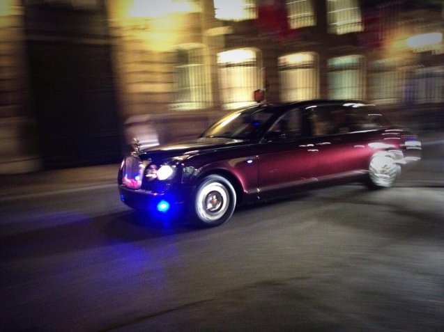 HM Queen departing the Elysee Palace late on Friday evening.