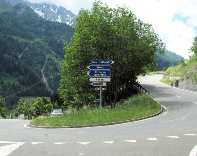 Gotthard and Tremola finally meet at the bottom. Head east into Airolo and back to the A2 motorway or, much better, head west to Nufenen Pass.