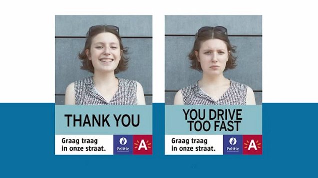 Antwerp: in an effort to personalise speeding, locals are being asked to upload two photos of themselves – one smiling, the other not - to be used on LED traffic signs. The idea is that when a driver passes by under the speed limit the smiling face is shown, and when a speeding driver is detected the angry or disapproving face is flashed up. See graagtraag.be