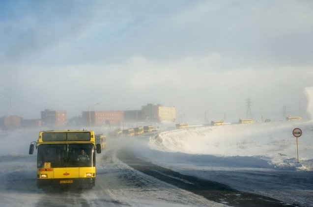 Buses in convoy in Norilsk by Russian/French photographer Elena Chernyshova. More later.