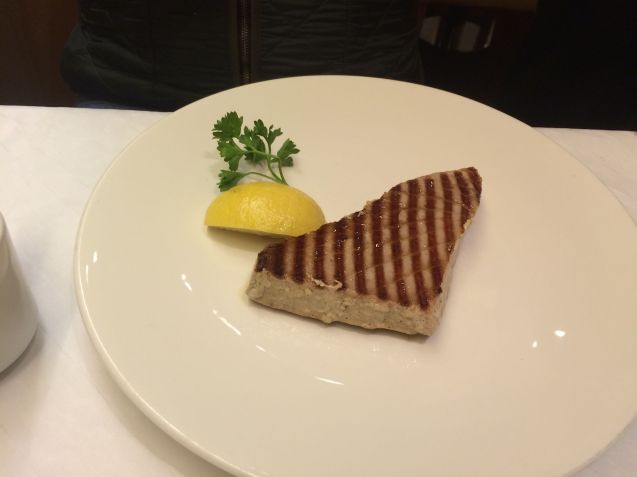 It was a generous and well-cooked slab of 'line caught' Tuna served in the Pride of Bruges' The Brasserie restaurant.