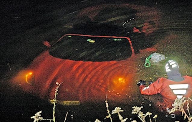 In total defiance of Italian cars’ reputation for fragile electrics, especially when wet, the headlights of this Ferrari F430 Spider continue on full beam despite being submerged in a village fish pond. The lone driver, single car incident occurred on the B83 at Wernberg, near Villach, south central Austria last night. The 36 year old driver, an engineer from Croatia, managed to swim to safety. Photo HRW Villach.