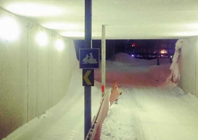 Random from @VisitRovaniemi, Finland. 'Pedestrian underpasses have snowmobile lanes'.