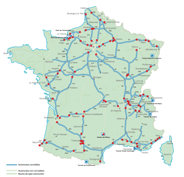 The tolled motorway network in France, marked in blue. Notable exceptions include the A16 from Calais to the Belgian border, the A25 Dunkirk-Lille, the roads around Paris, all the motorways in the north west, the A20 Vierzon-Limoges-Brive la Gaillarde and A75 Clermont Ferrand-Montpellier/Beziers (except the Millau Viaduct, €7.50). The A63 Bordeaux-Hendaye/Spain is in the midst of a major renovation; it costs €14.40 to drive the 200km (120 mile) route. Picture via Telepeagelibert.com