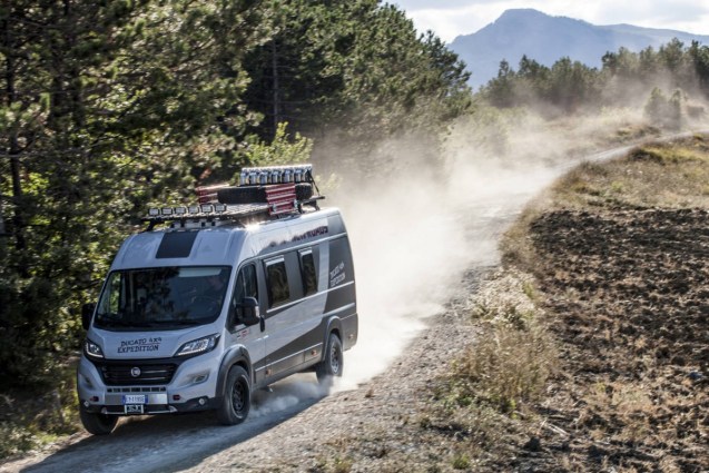 Fiat will show an off-road concept version of its Ducato motorhome at Caravan Salon, kicking off tomorrow in Dusseldorf. Called the Ducato 4x4 Expedition, it is based on the 6.45m model and comes with two bedrooms and four seats and is powered by a 150bhp 2.3 dirsel engine with 350Nm of torque. The black gloss and aluminium interior was built by Mobilerer Tecnoform while the mechanical conversion was carried out by Dangel. Such a camper is unlikely ever to go on sale – at least in such outlandish form – but Dangel is already capable of installing the four wheel drive system. Count on six weeks and up to €9000 to do the work.
