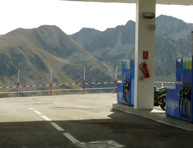 Cheap high: the filling station at the top of Port de Envilira, Andorra (
