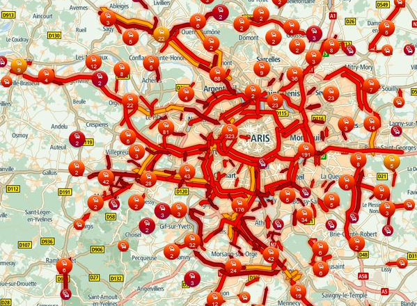 Peak traffic in Paris this morning, via @RFTrafic