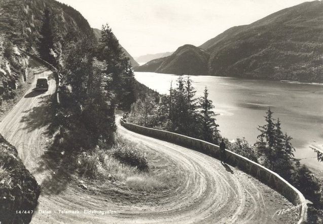 Throw Back Thursday: R45 Eidsborgvegen at Dalen, on the west end of Lake Bandak in south central Norway in the late 1930s. Photo @Elusive_Moose