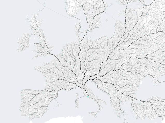 All roads lead to Rome as the old saying goes and three graphic designers from Stuttgart set out to prove it. Actually what they did was select almost 500,000 starting points from all over Europe and had a computer plot the routes to the Italian capital. The roads used the most came out darkest to create this leaf-like pattern. They also plotted similar maps of all the countries in Europe, and the states in America. They are all available to buy as posters too. See more at Moovel Lab.