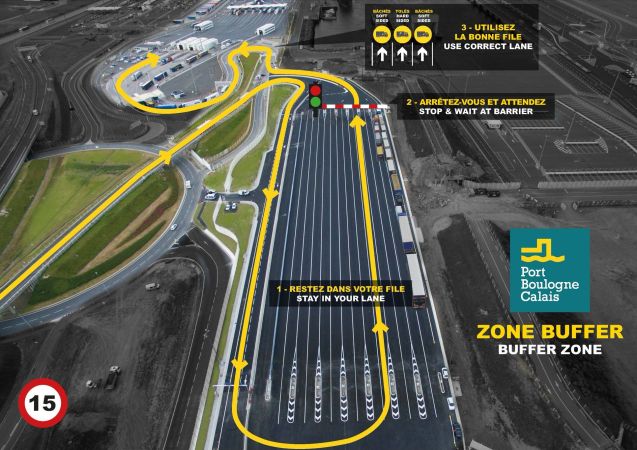 Sometime today, Calais Port will open a new buffer zone for trucks, near the old hoverport, before the check-in lanes. Full details are scarce so far, but the picture above shows separate lanes for hard-sided and soft-sided vehicles. Calais Port calls it 'intelligent parking'. There's no news yet either on security features. More later.